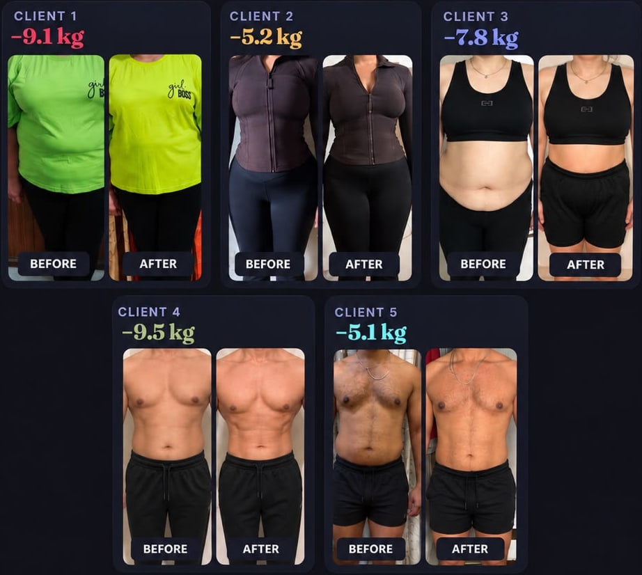 Before and after photos of five FitCodeLab clients, women and men, faces cropped