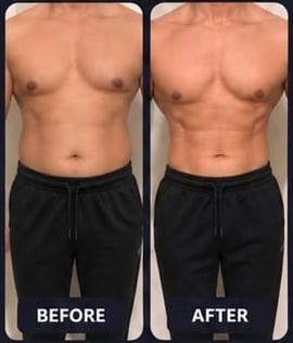 Client 1, before and after, 9.5 kg lost
